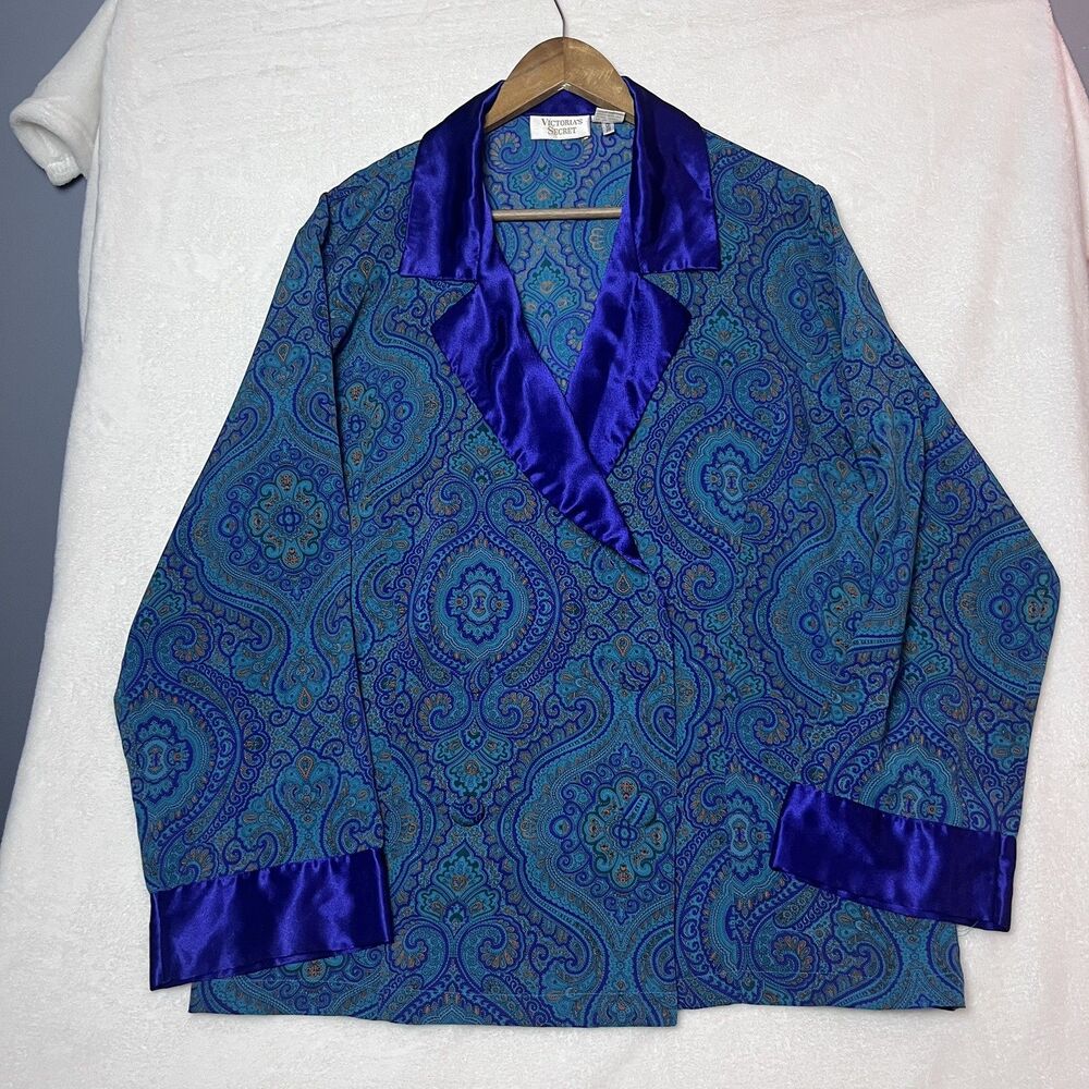 Vintage Victoria’s Secret Gold Label Paisley Pajama Top L Purple Satin Trim 90s
